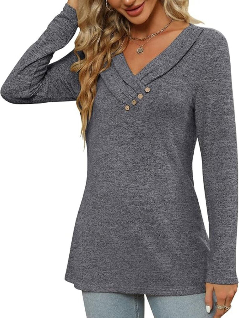 FMEYOA Women's Long Sleeve V Neck Button Sweatshirt Tunic Top Size Small